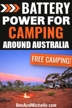 Pin showing RV and campfire with text overlay: Battery power for camping around Australia.