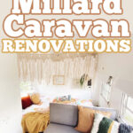 Interior of a caravan with text overlay: Beautiful Millard Caravan Renovations.