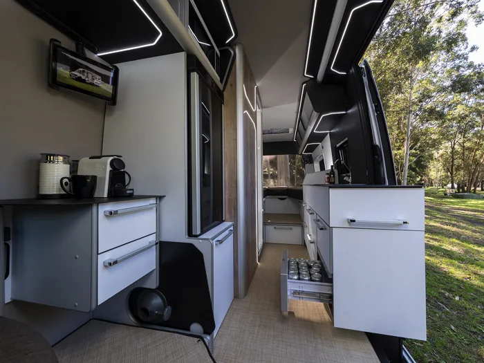 Interior of the Trakka Jabiru J2 campervan looking towards the rear of the van.