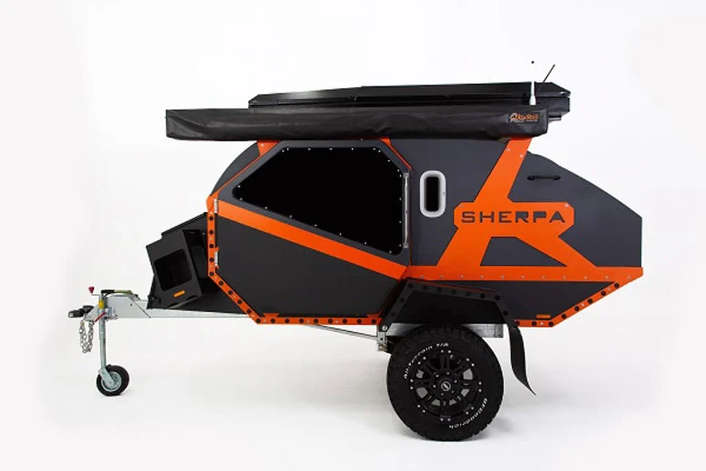 Side view of a rugged off road teardrop camper