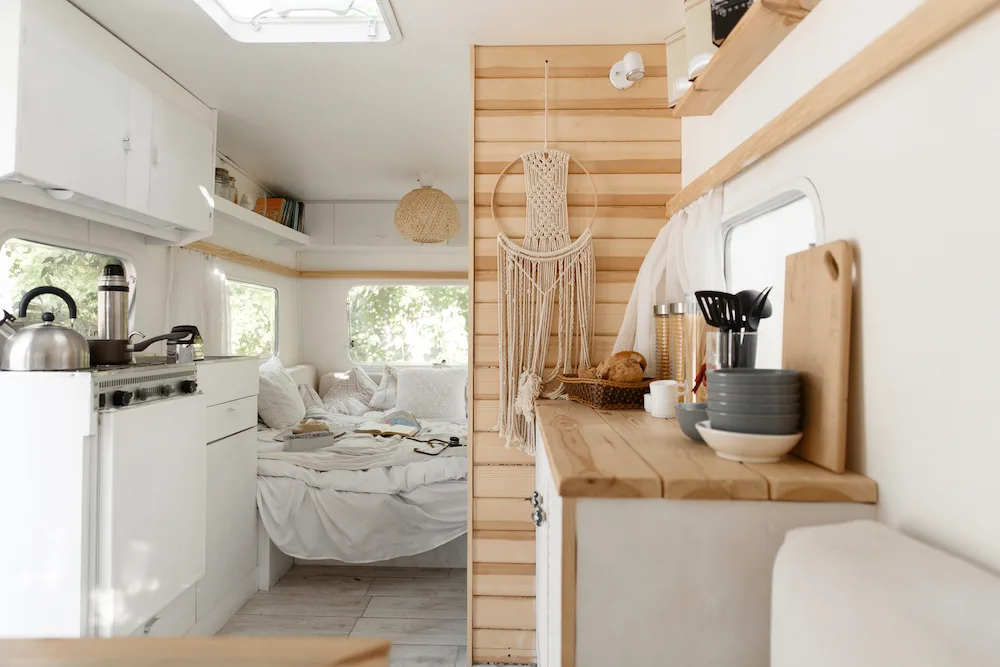 White light interior of a caravan.