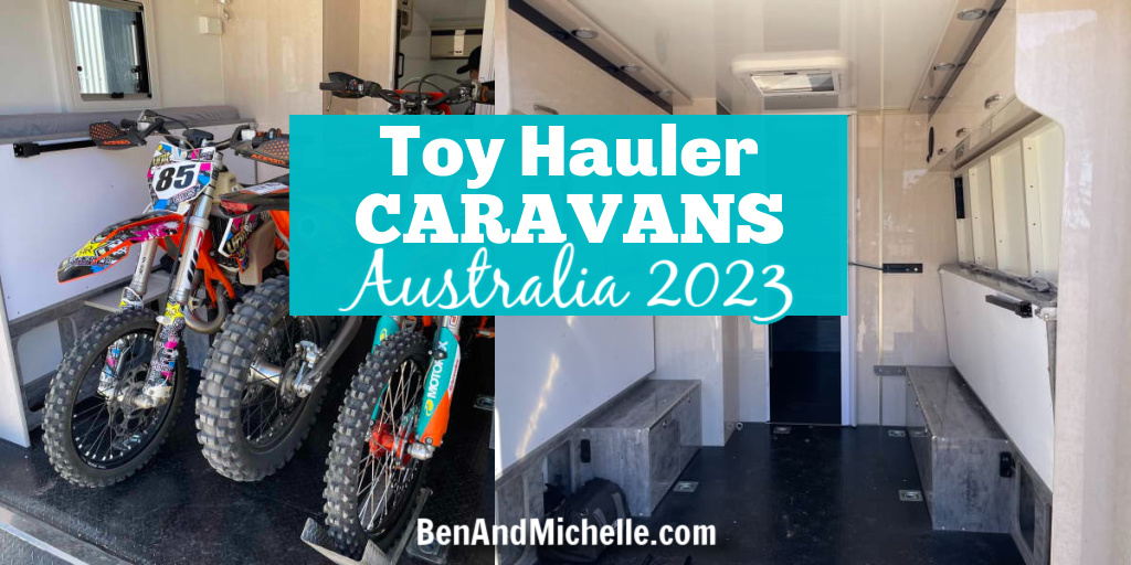 Two photos of the rear of the caravan, one showing an empty garage and the other with 3 motorbikes in the back, with text: Toy Hauler Caravans Australia 2023.