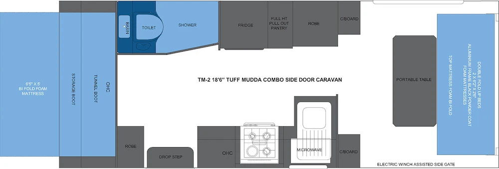 Floorplan of the Paramount Caravans Tuff Mudda TM-2 toy hauler caravan.