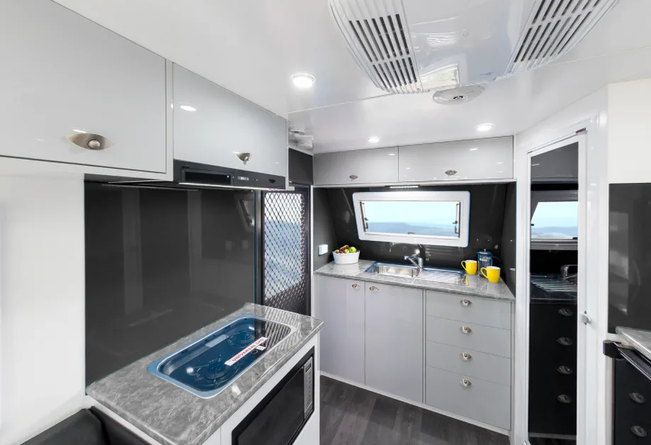Kitchen view inside a very small caravan
