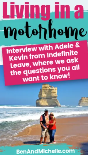 Couple standing on beach with text overlay: Living in a motorhome