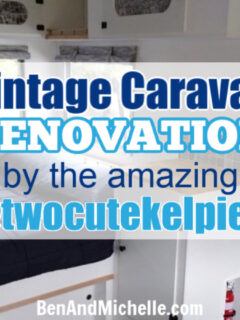 Interior of vintage caravan with text overlay: Vintage caravan renovation by the amazing @twocutekelpies