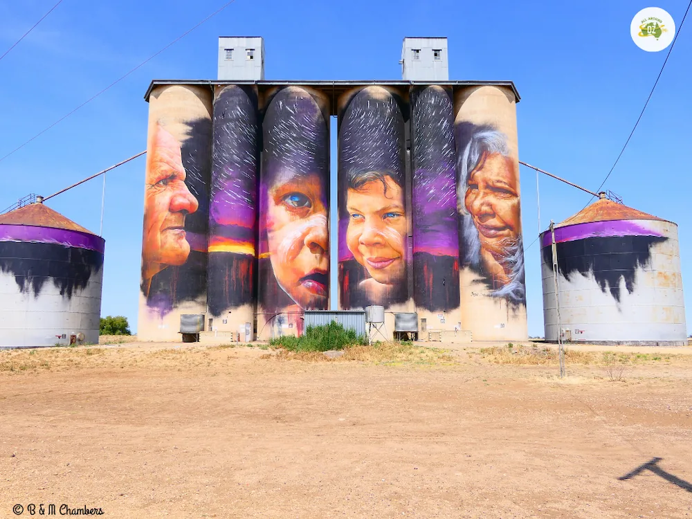 Grain silos in Australia with vibrant paintings on the side