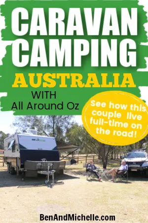 Caravan camp with text overlay: Caravan camping Australia