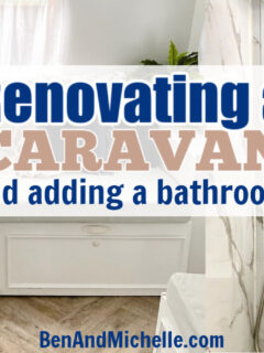 Pin showing caravan interior with text overlay: Renovating a caravan and adding a bathroom.