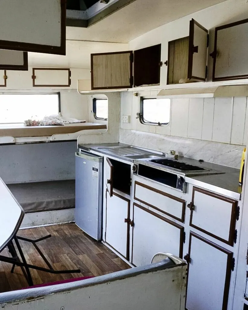 Old kitchen inside a vintage caravan