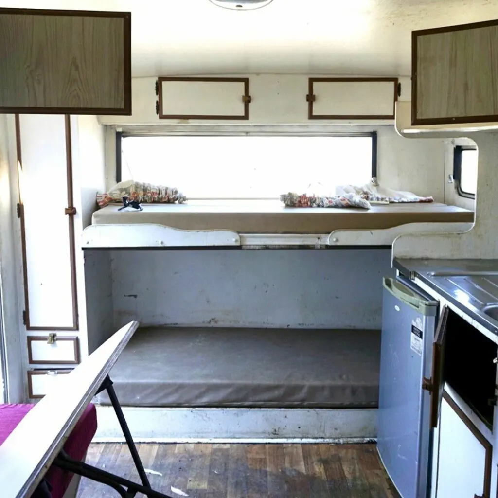 Old caravan interior showing bunk beds