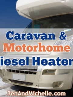 Motorhome in the snow, with text overlay 'Caravan & Motorhome Diesel Heaters