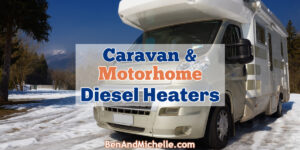 Motorhome in the snow, with text overlay 'Caravan & Motorhome Diesel Heaters