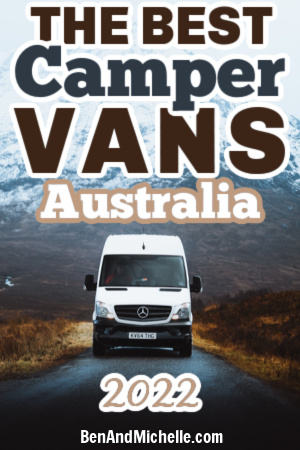 Front view of a white campervan on the road with snowy mountains in the background, with text: Camper vans Australia 2022.