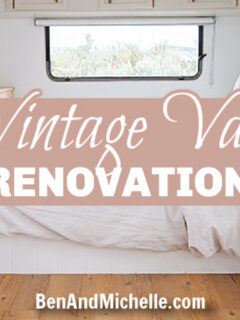 Bedroom of a renovated caravan with text overlay: Vintage van renovation