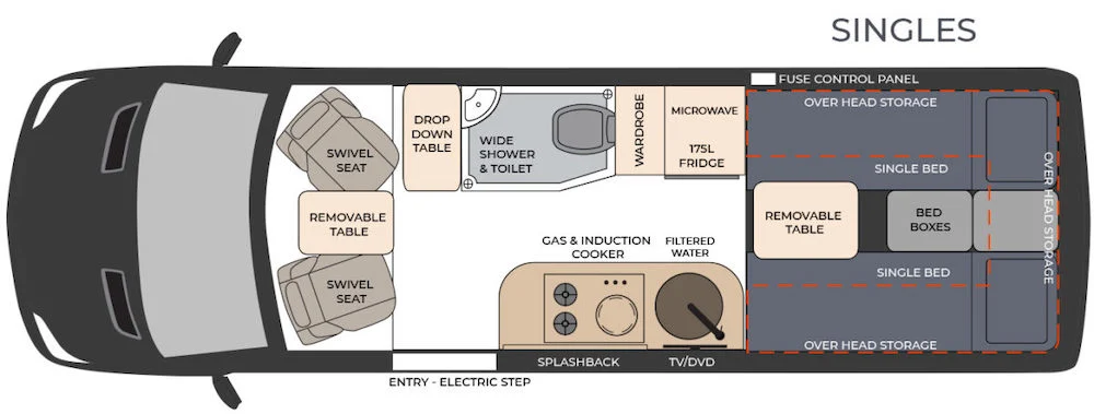 Floor plan of the Horizon Motorhomes Wattle camper van with the single beds layout.