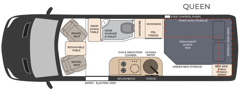 Floor plan of the Horizon Motorhomes Wattle camper van with the permanent queen bed in the rear.