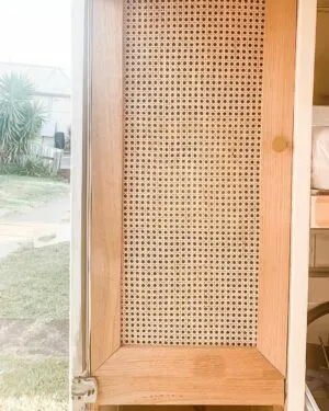 Webbed rattan used on the cupboard door of a vintage caravan renovation