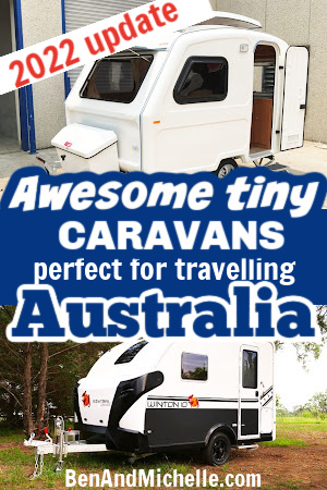Collage of 2 micro caravans with text that reads, Awesome tiny caravans perfect for travelling Australia, 2022 update.