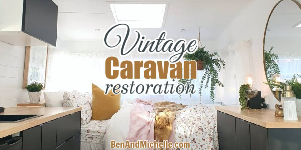Luxurious interior of a restored camper, with text: Vintage caravan restoration.