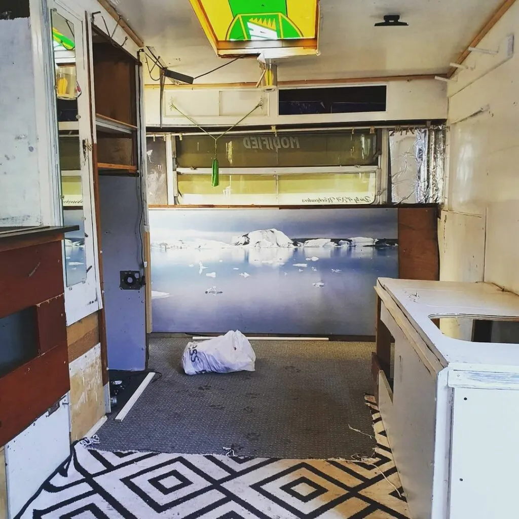 Interior of vintage Viscount caravan, before renovation.