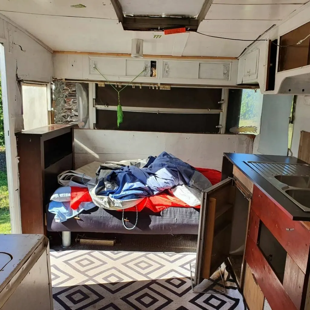 Interior of vintage Viscount caravan, before renovation.