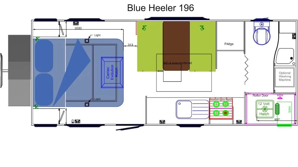 Floorplan of a Sunland Blue Heeler off-road caravan.