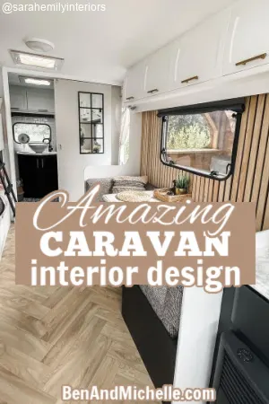 Renovated interior of a caravan with text: Amazing caravan interior design.