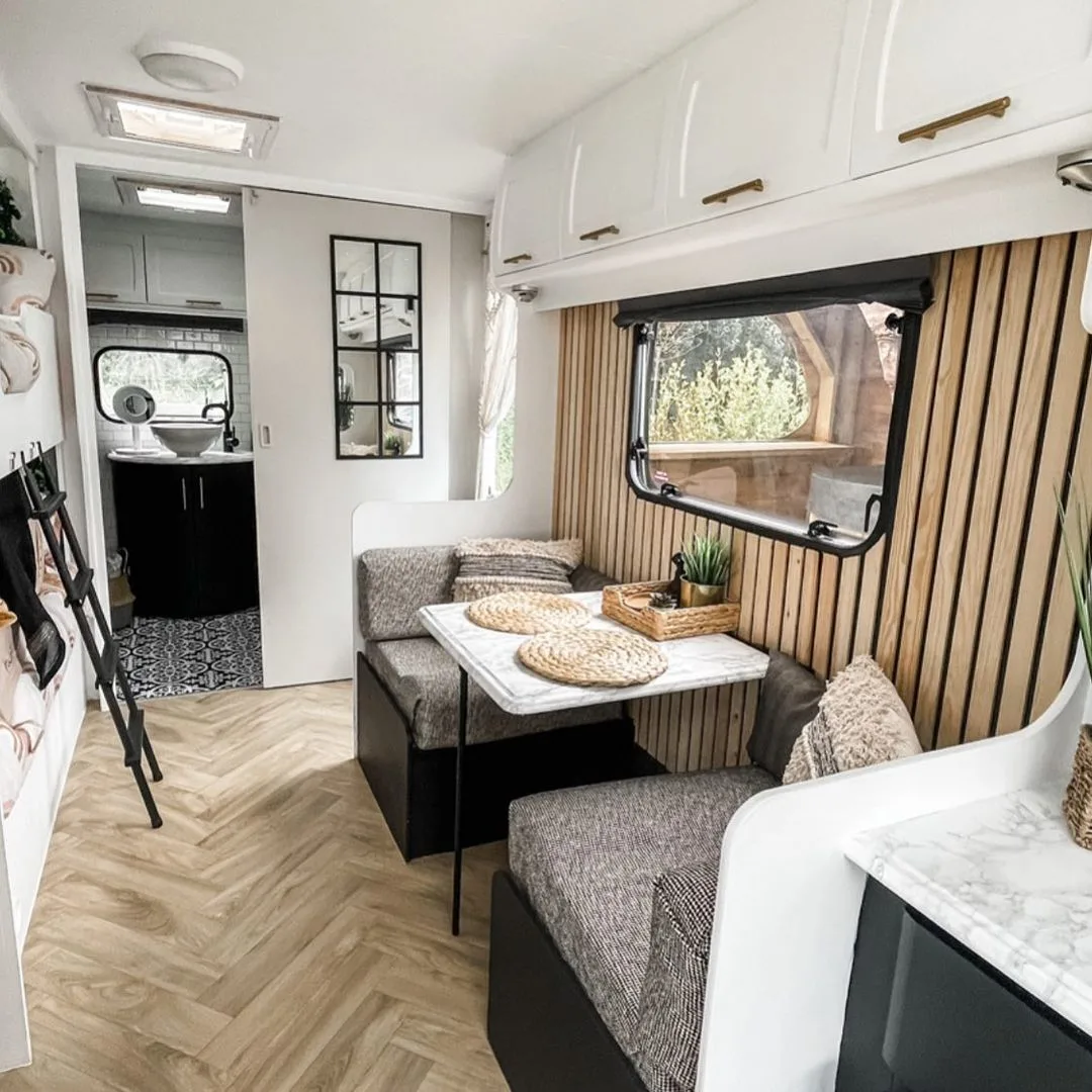 Dining area in a newly renovated caravan.