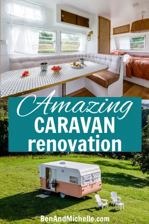 Renovated vintage caravan interior view and exterior view, with text: Amazing caravan renovation.