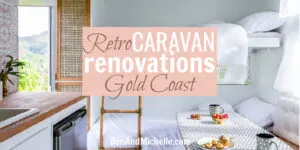 Bunk beds inside a renovated caravan, with text: Retro caravan renovations Gold Coast.
