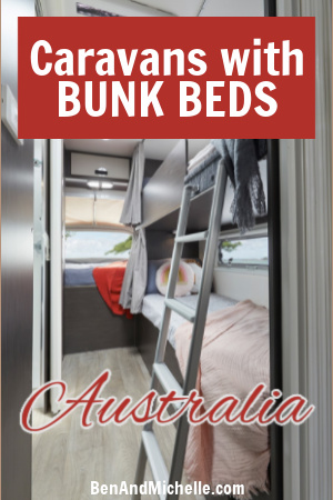 Interior view of caravan bunk beds with text: Caravans with bunk beds Australia.