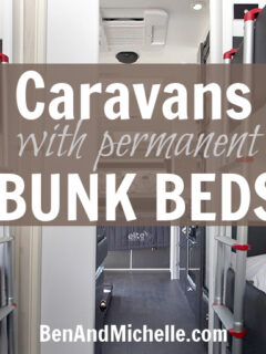 Interior view of caravan bunk beds with text: Caravans with permanent bunk beds.
