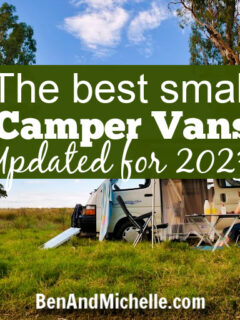 Woman camping with her small campervan; and text that reads: The best small camper vans (Updated for 2023).