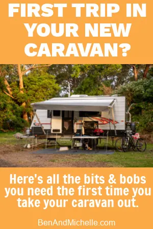 Small caravan parked with caravan accessories around it.