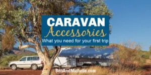 Caravan parked under a tree in outback Australia.