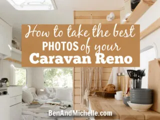Interior view of a renovated vintage caravan with text: How to take photos of your caravan reno.