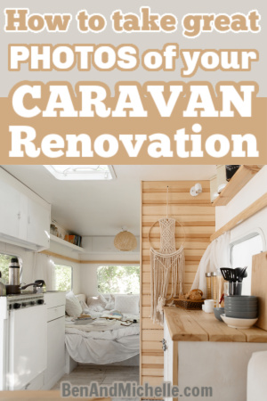 Interior view of a renovated vintage caravan with text: How to take great photos of your caravan renovation.