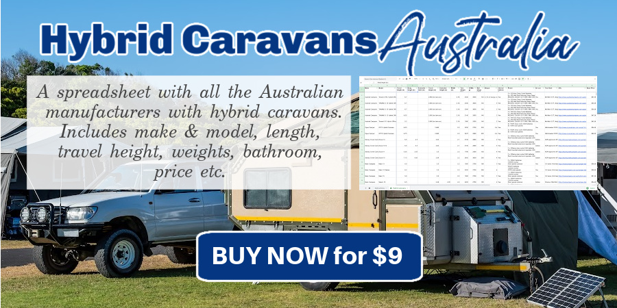 Picture of a hybrid caravan with text Hybrid Caravans Australia and an explanation of what is on the spreadsheet that is for sale.