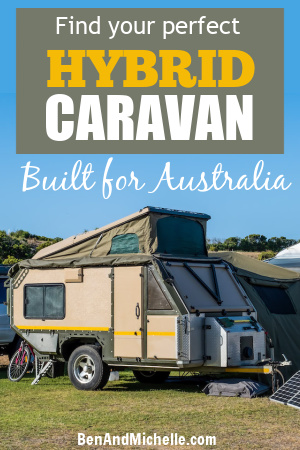 Hybrid caravan set up at a campsite in South Australia, with text: Find the perfect Hybrid Caravans Australia.