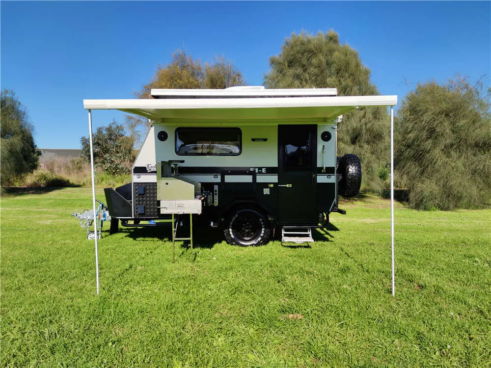 Outside view of the Fantasy Caravan F1-E Hybrid Off-road Caravan.