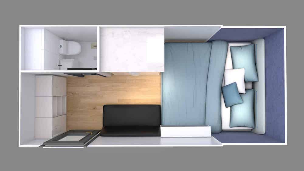 Floor plan illustration of the Prime Camper GT-13C hybrid camper.