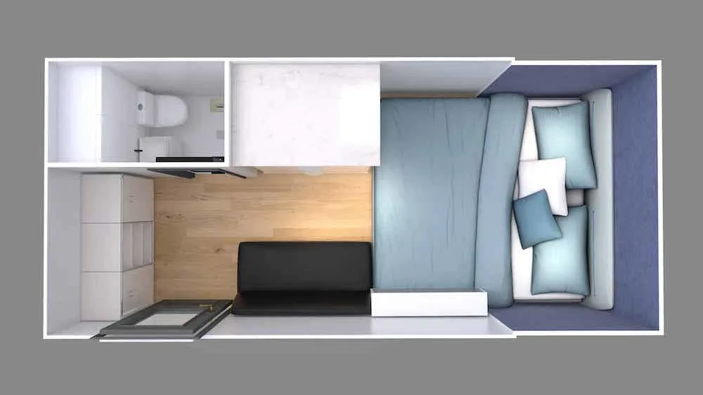 Floor plan illustration of the Prime Camper GT-13C hybrid camper.