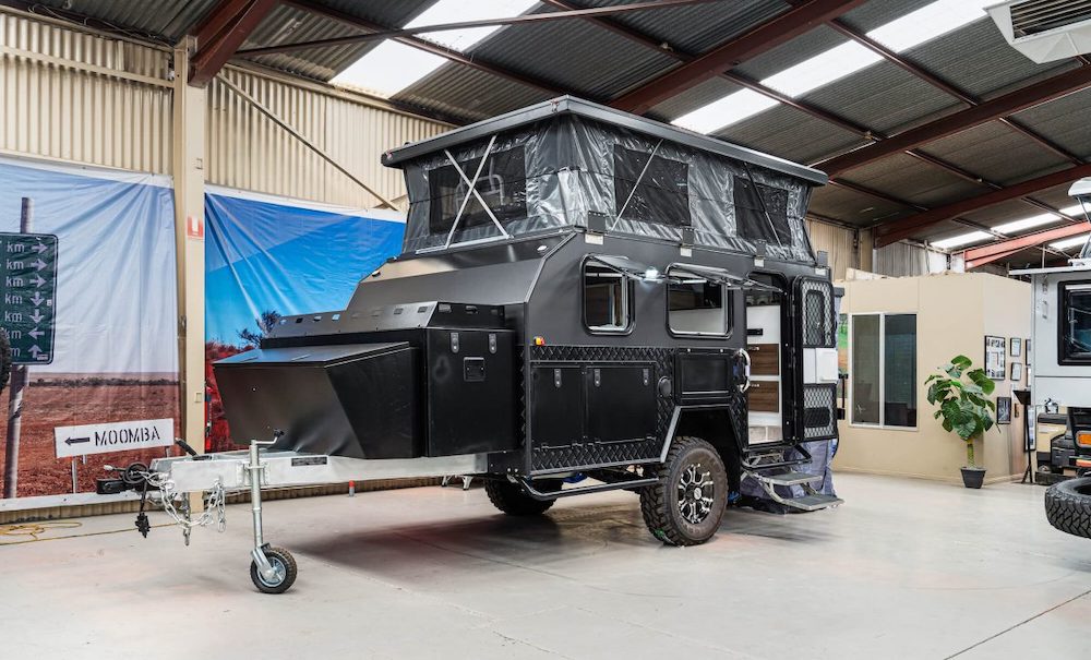 Exterior of the Eagle Camper Trailers Wedgetail-13 Hybrid caravan.