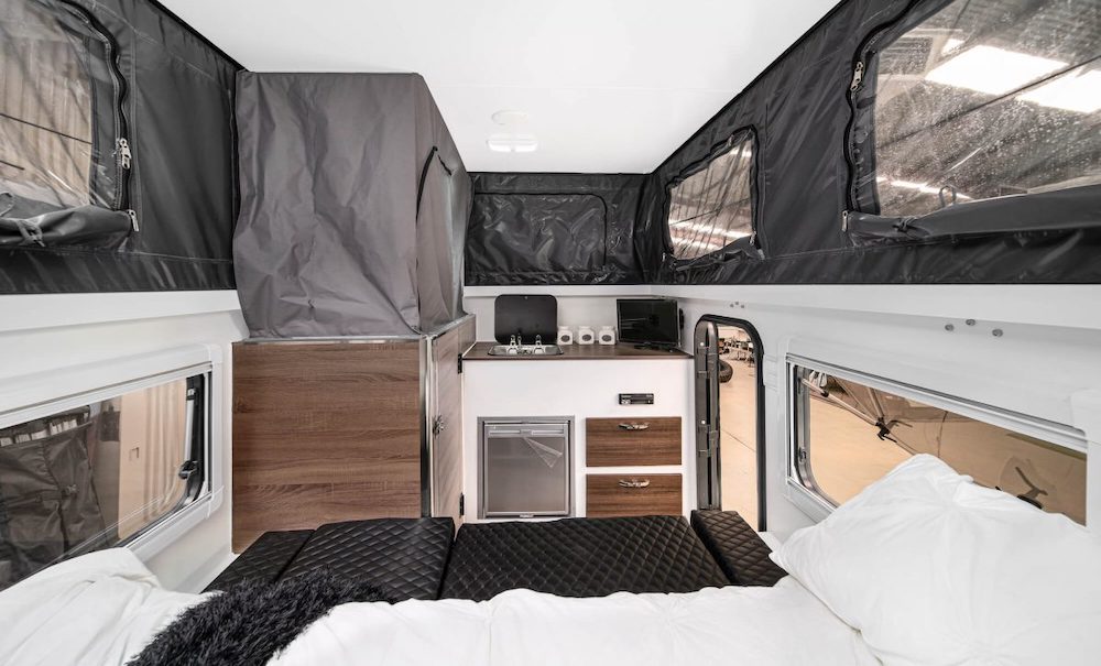 Inside the Eagle Camper Trailers Wedgetail-13 Hybrid caravan.
