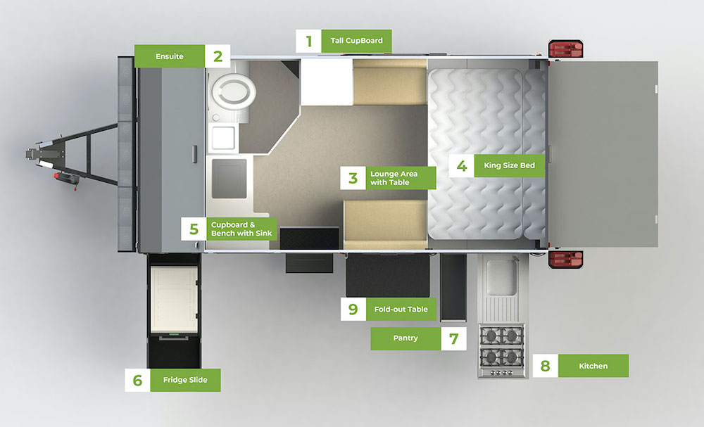 Floor plan of the Opus OP13 hybrid caravan.