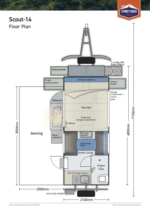 Layout diagram of the Stoney Creek Scout 14 hybrid caravan.