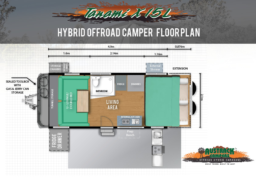 Austrak Tanami X15L hybrid caravan floorplan.