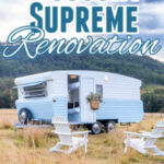 Renovated blue and white vintage caravan in a field with white lawn chairs arranged in front with text that reads: Viscount Supreme Renovation.