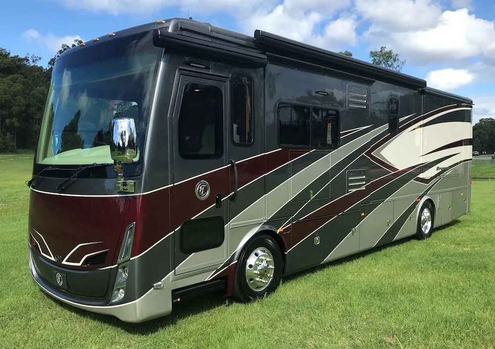 Tiffin Allegro motorhome as seen from the front left outside.